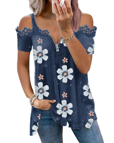Azura Exchange Floral Print Lace Contrast Cold Shoulder T-Shirt - 3XL