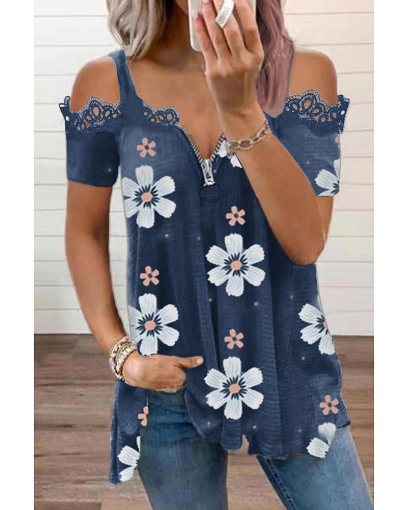 Azura Exchange Floral Print Lace Contrast Cold Shoulder T-Shirt - S