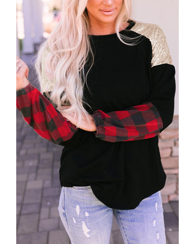 Azura Exchange Lantern Sleeve Plaid Sequin Pullover Sweatshirt - M