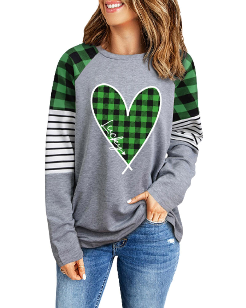 Azura Exchange Plaid Heart Color Block Long Sleeve Top - M