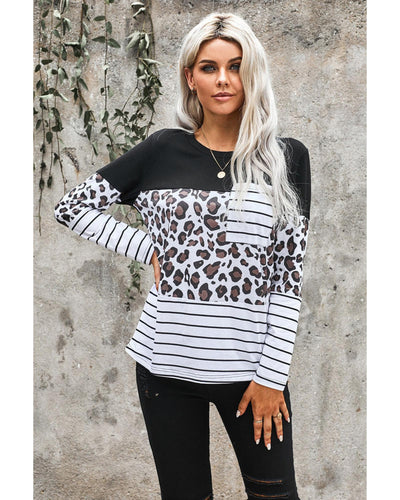 Azura Exchange Patchwork Striped Long Sleeve Top with Pocket - L