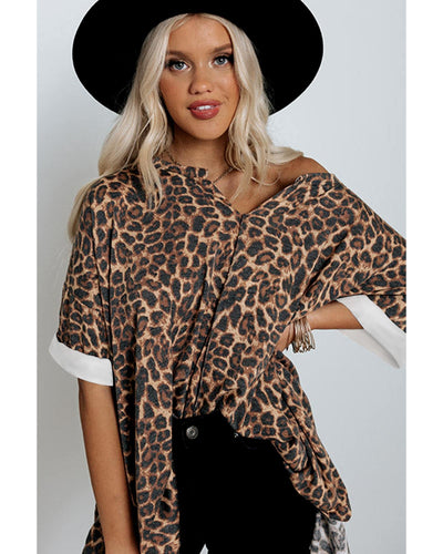 Azura Exchange Loose Leopard Top with V Notch Rolled Cuffs - M