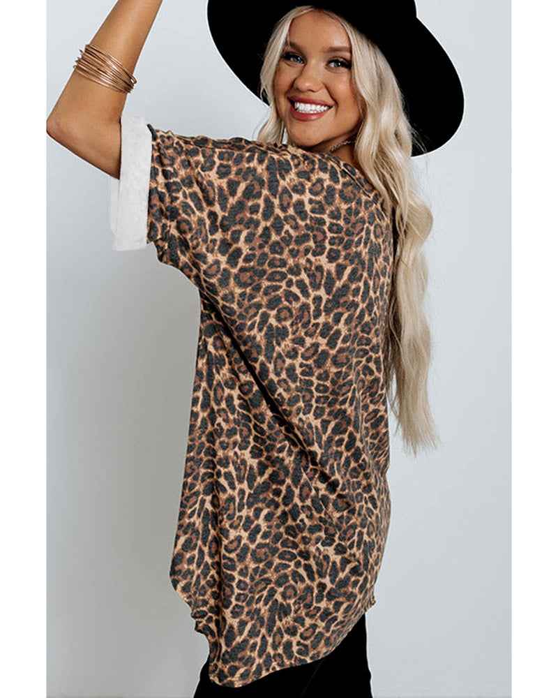 Azura Exchange Loose Leopard Top with V Notch Rolled Cuffs - M