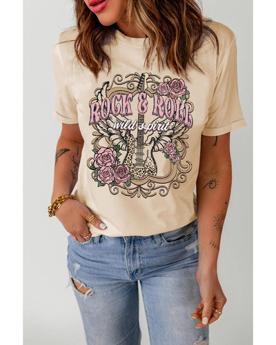 Azura Exchange Vintage Graphic Tee with Khaki ROCK&ROLL Guitar Design - L