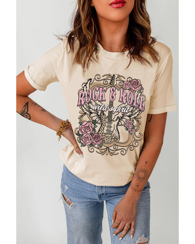 Azura Exchange Vintage Graphic Tee with Khaki ROCK&ROLL Guitar Design - L