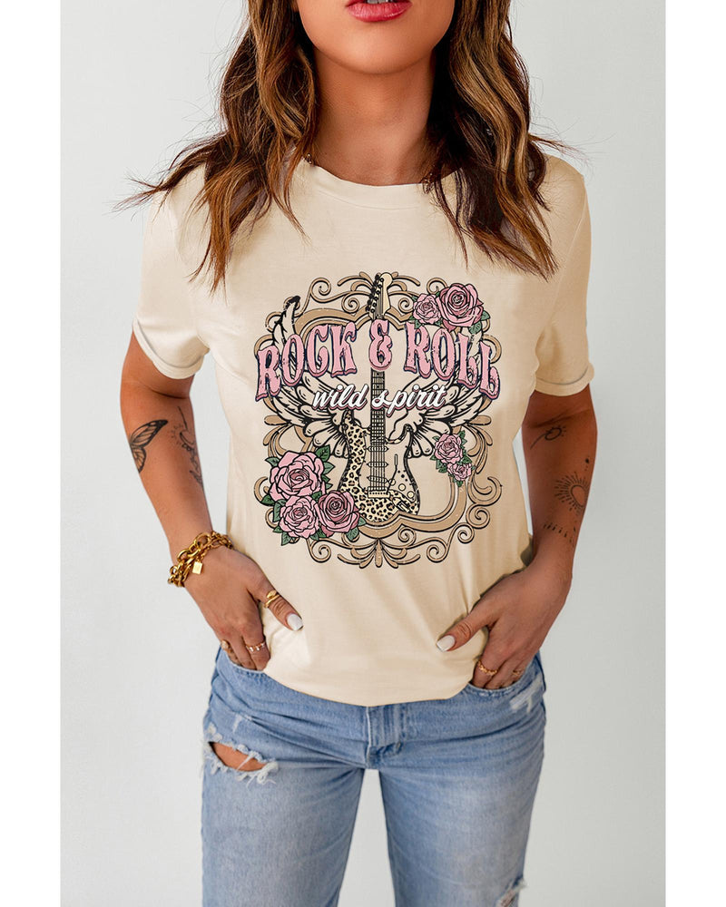 Azura Exchange Vintage Graphic Tee with Khaki ROCK&ROLL Guitar Design - M