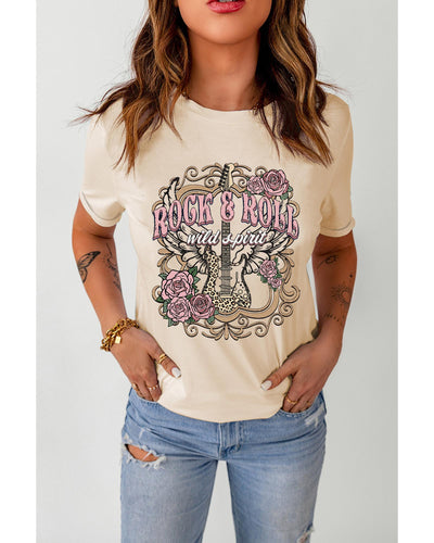 Azura Exchange Vintage Graphic Tee with Khaki ROCK&ROLL Guitar Design - S