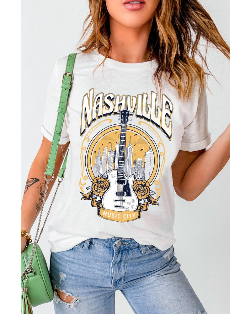 Azura Exchange Nashville Guitar Floral Print T-Shirt - S