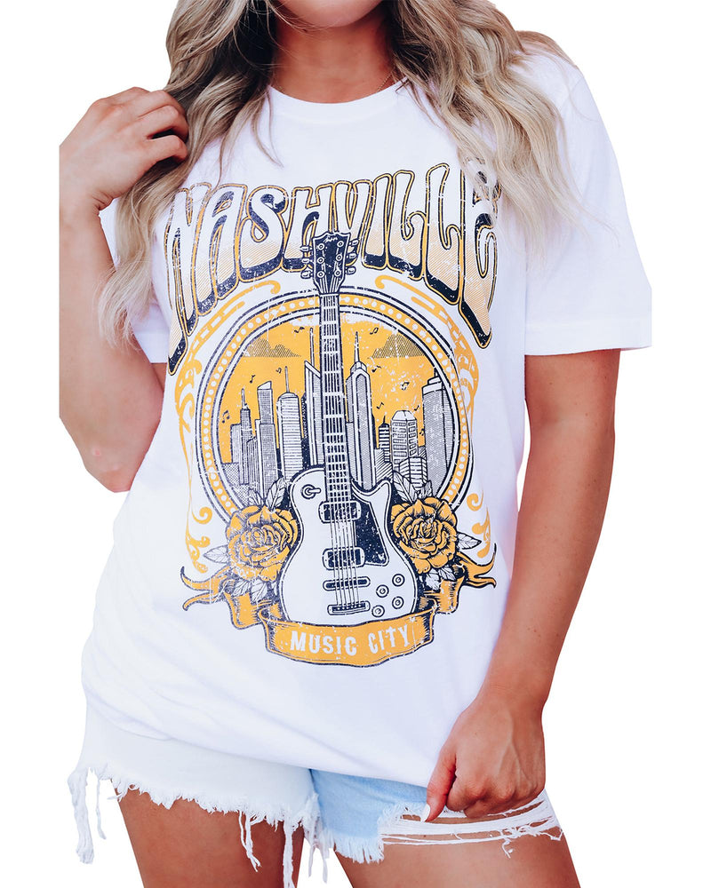 Azura Exchange Nashville Guitar Floral Print T-Shirt - XL