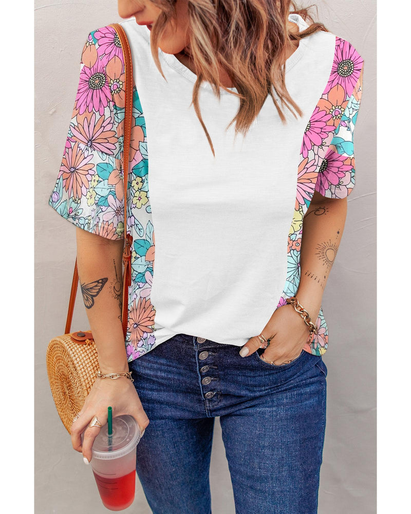 Azura Exchange Patchwork Floral Print Short Sleeve Top - S