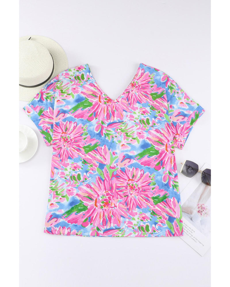 Azura Exchange Loose Fit Floral Print V Neck T Shirt - L