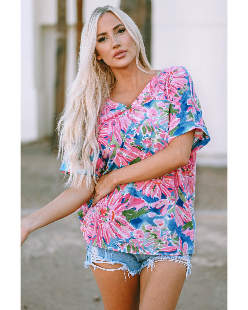 Azura Exchange Loose Fit Floral Print V Neck T Shirt - L