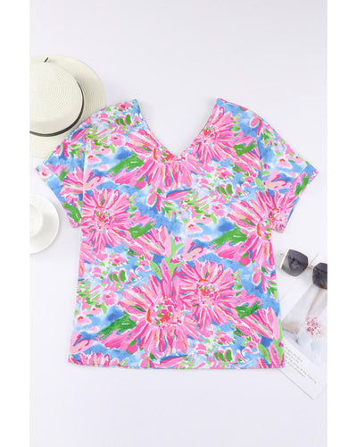 Azura Exchange Loose Fit Floral Print V Neck T Shirt - XL