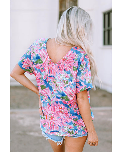 Azura Exchange Loose Fit Floral Print V Neck T Shirt - XL