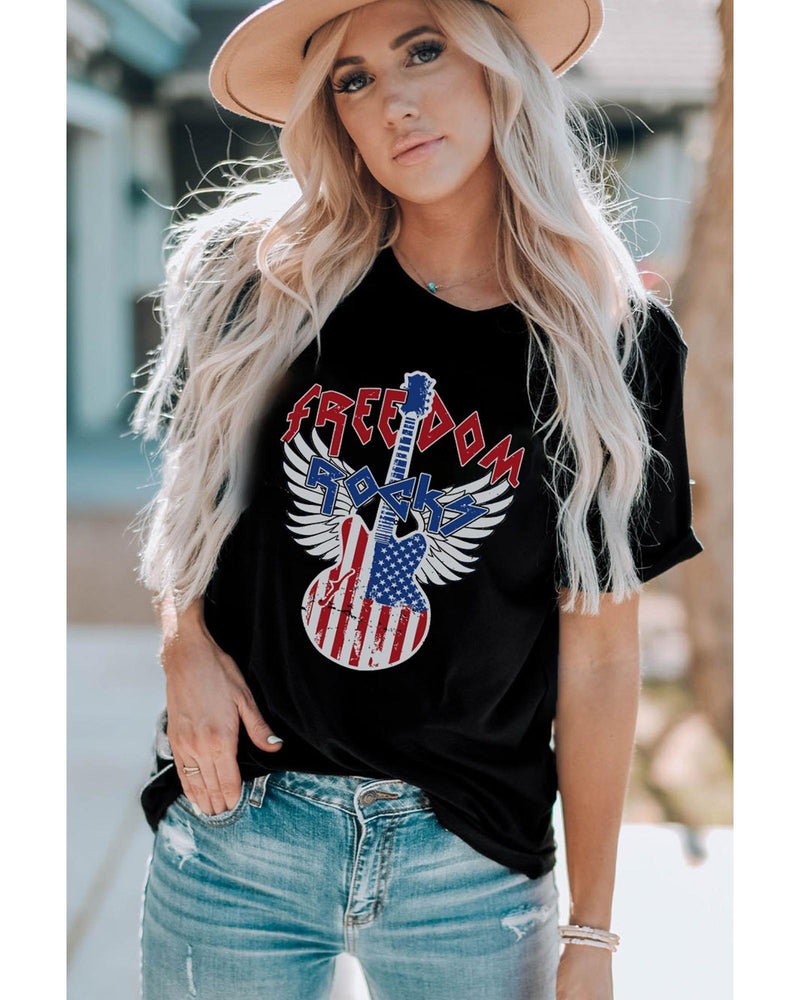 Black American Flag Guitar Print Crew Neck Tee - 2XL