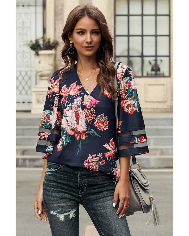 Azura Exchange Flared Sleeve Floral Blouse - L