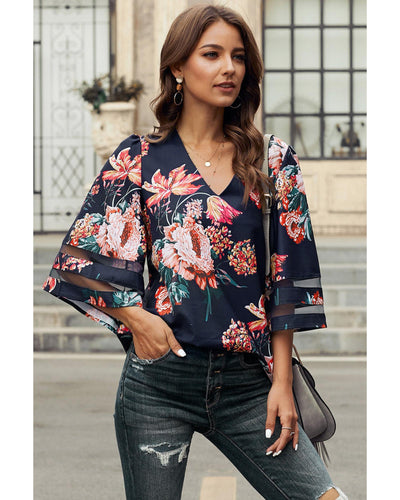 Azura Exchange Flared Sleeve Floral Blouse - L