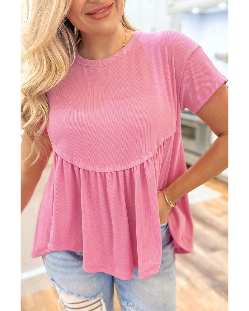 Peach Blossom Subtle Ribbed Short Sleeve Babydoll Top - L