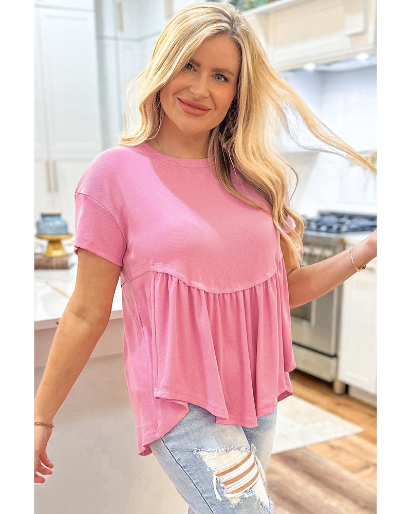Peach Blossom Subtle Ribbed Short Sleeve Babydoll Top - L