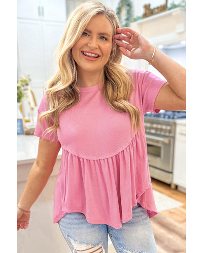 Peach Blossom Subtle Ribbed Short Sleeve Babydoll Top - L