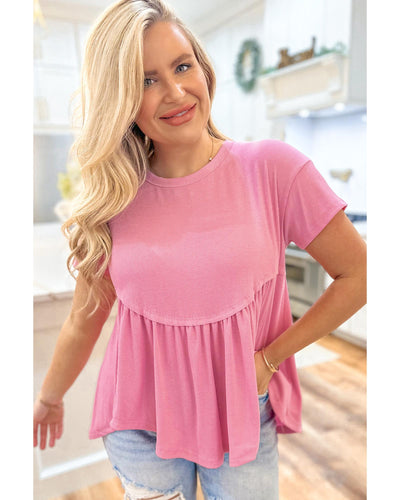 Peach Blossom Subtle Ribbed Short Sleeve Babydoll Top - L