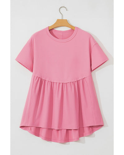 Peach Blossom Subtle Ribbed Short Sleeve Babydoll Top - L