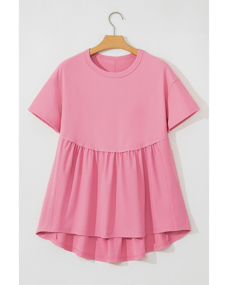 Peach Blossom Subtle Ribbed Short Sleeve Babydoll Top - L