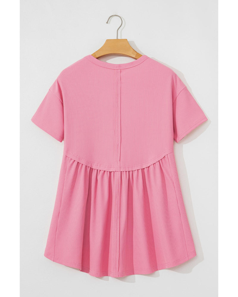 Peach Blossom Subtle Ribbed Short Sleeve Babydoll Top - L