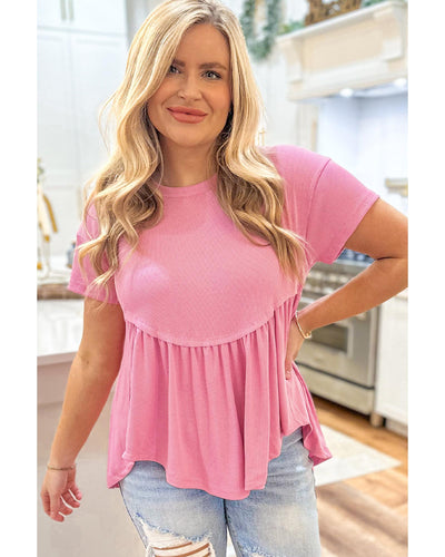 Peach Blossom Subtle Ribbed Short Sleeve Babydoll Top - M