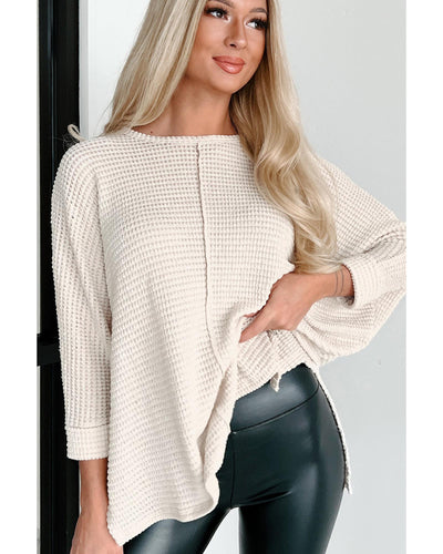 Apricot Waffle Knit Splits Batwing Sleeve Oversized Top - XL
