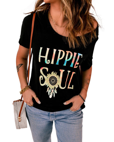 Azura Exchange HIPPIE SOUL Ombre Tie-dye Sunflower Feather Print T-shirt - S