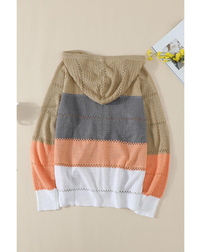 Azura Exchange Zipped Front Colorblock Hollow-out Knit Hoodie - XL