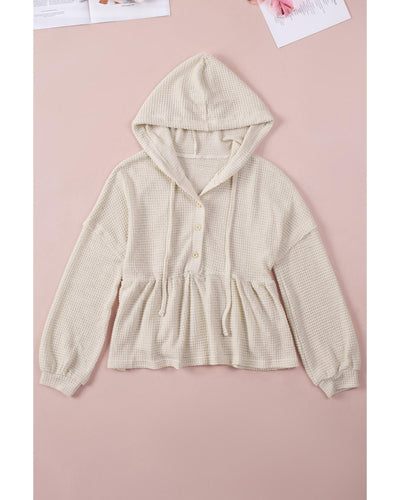 Azura Exchange Waffle Knit Buttons Ruffled Hooded Top - S