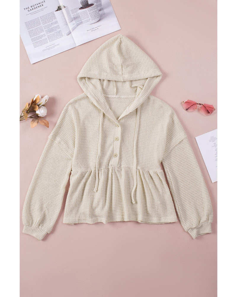 Azura Exchange Waffle Knit Buttons Ruffled Hooded Top - S