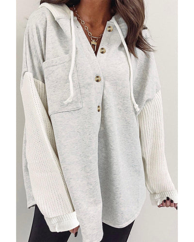 Azura Exchange Gray Button Up Contrast Knitted Sleeves Hooded Jacket - L