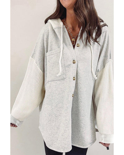 Azura Exchange Gray Button Up Contrast Knitted Sleeves Hooded Jacket - L
