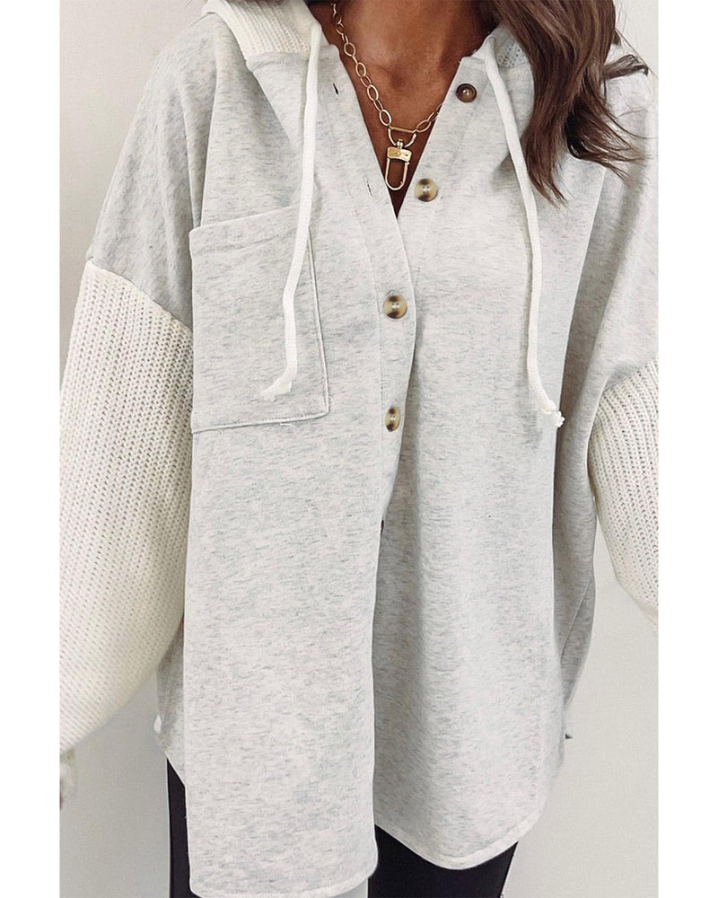 Azura Exchange Gray Button Up Contrast Knitted Sleeves Hooded Jacket - L
