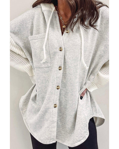 Azura Exchange Gray Button Up Contrast Knitted Sleeves Hooded Jacket - L