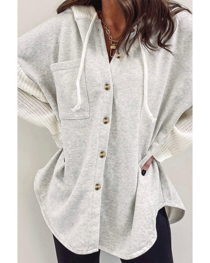 Azura Exchange Gray Button Up Contrast Knitted Sleeves Hooded Jacket - L