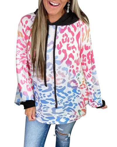 Azura Exchange Leopard Drawstring Hoodie with Colorful Splicing - M