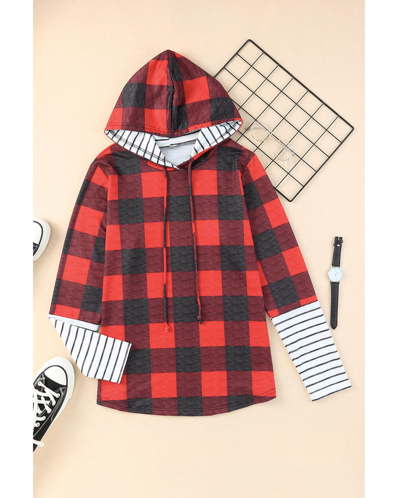 Azura Exchange Plaid Striped Patchwork Drawstring Hoodie - M