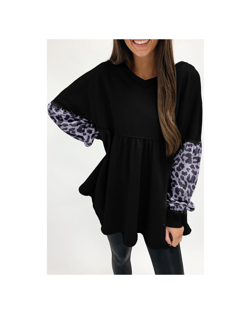 Azura Exchange Leopard Splicing Ruffle Sweatshirt - M