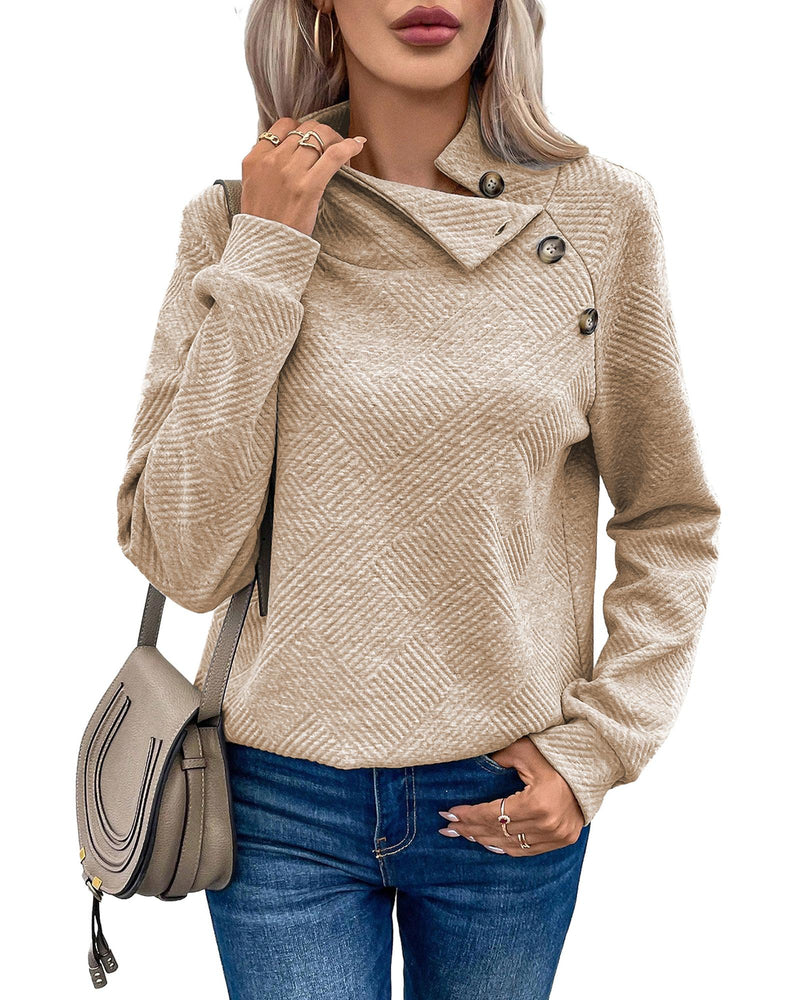 Apricot  Asymmetric Buttons Detail High Neck Textured Sweatshirt - XL