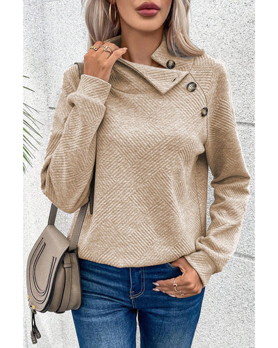 Apricot  Asymmetric Buttons Detail High Neck Textured Sweatshirt - XL