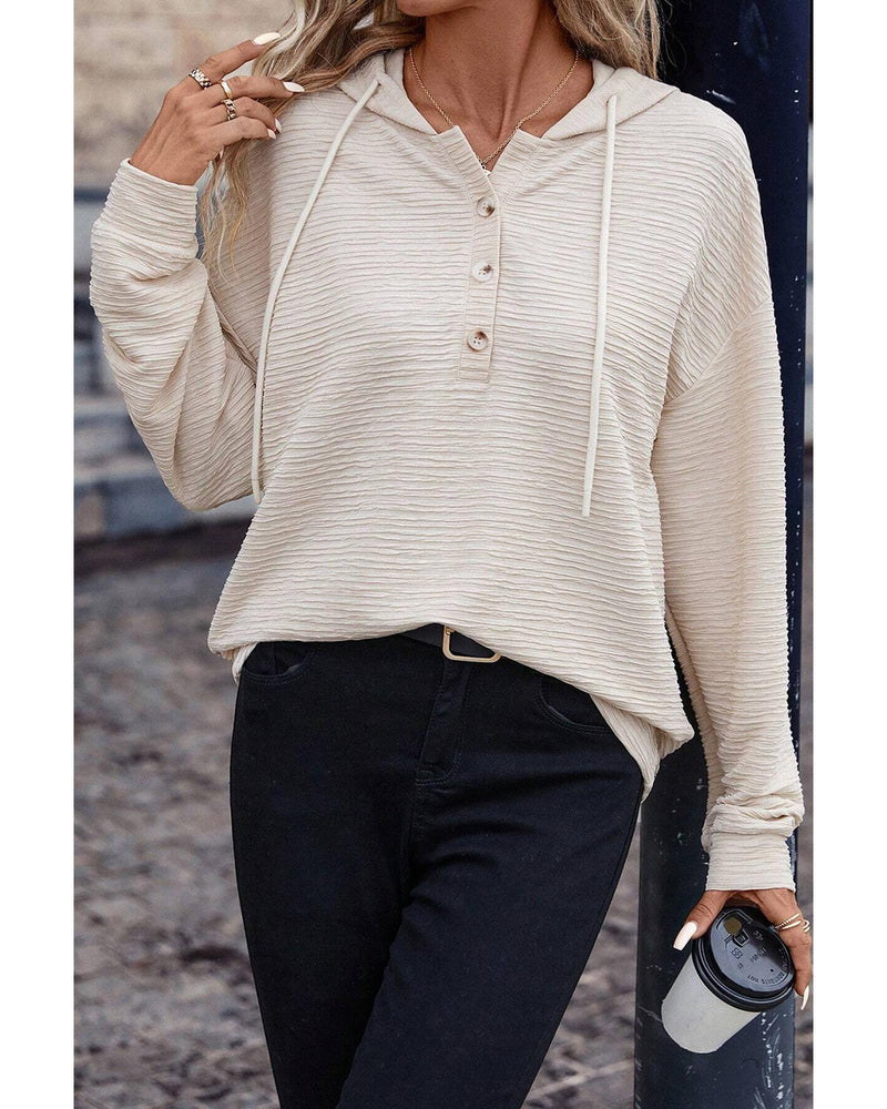 Apricot Solid Textured Drawstring Henley Hoodie - L