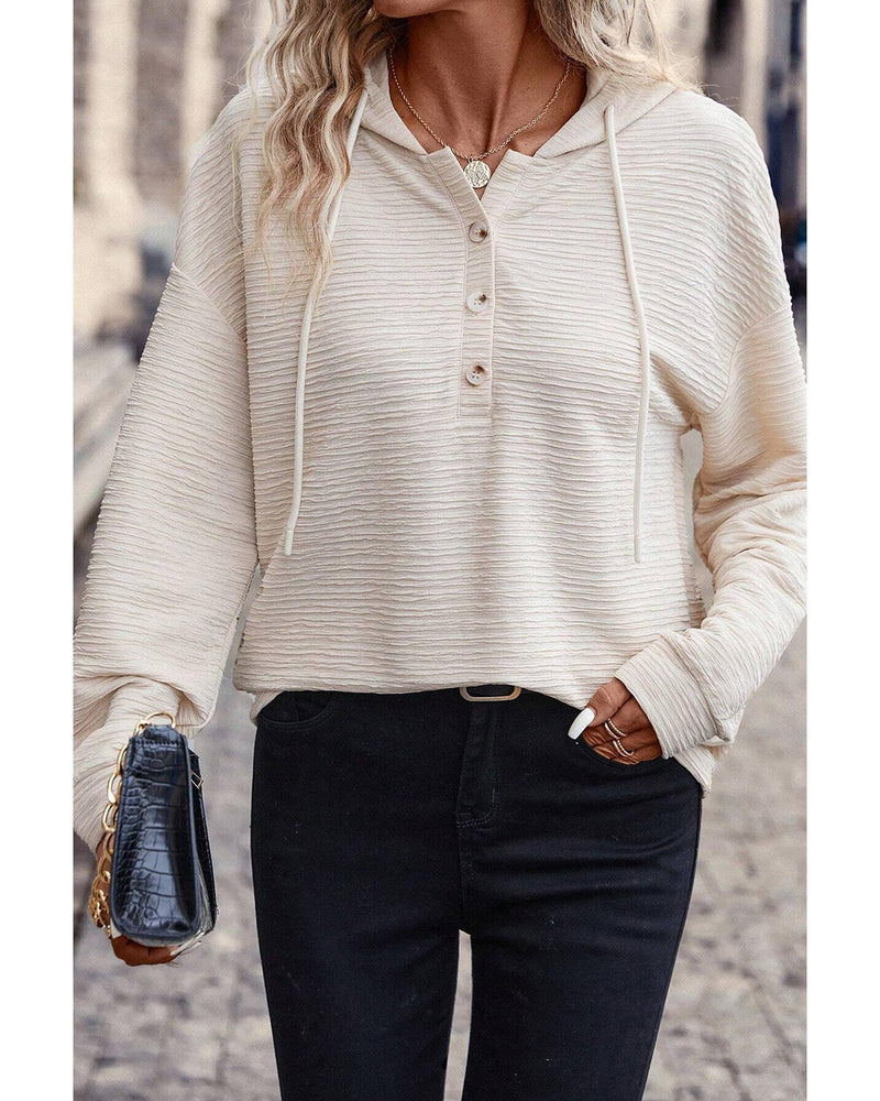 Apricot Solid Textured Drawstring Henley Hoodie - L