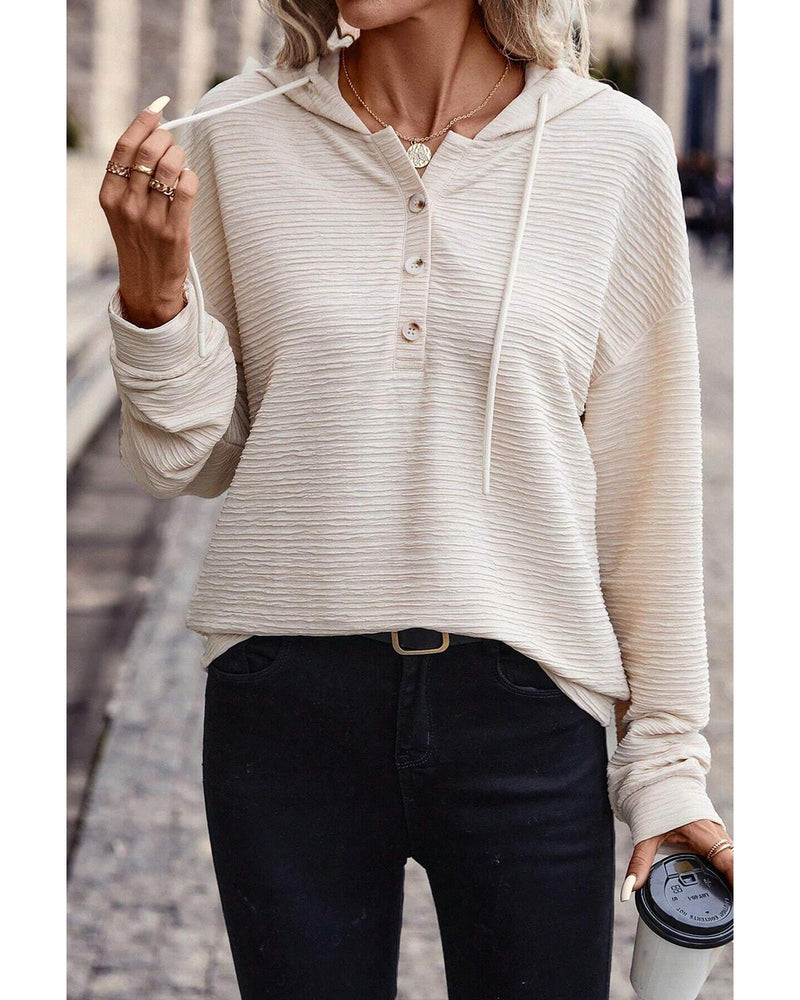 Apricot Solid Textured Drawstring Henley Hoodie - XL