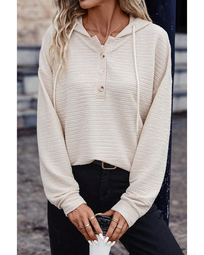 Apricot Solid Textured Drawstring Henley Hoodie - XL