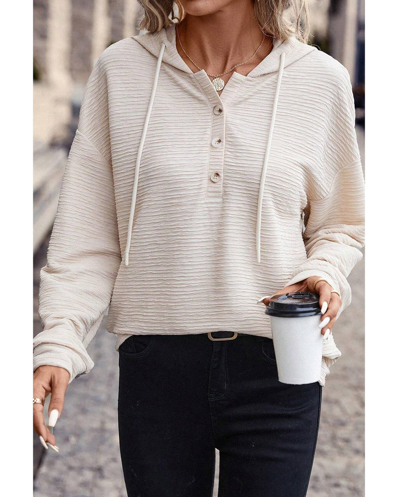 Apricot Solid Textured Drawstring Henley Hoodie - XL