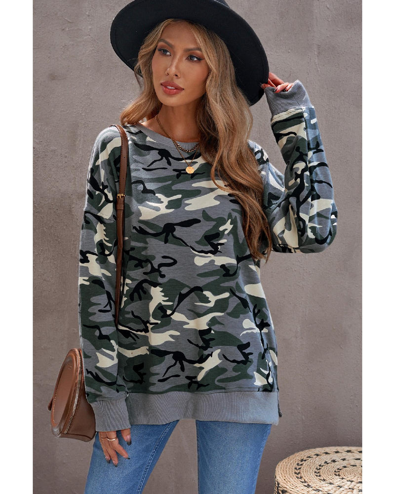 Azura Exchange Camouflage Pullover Sweatshirt with Slits - L